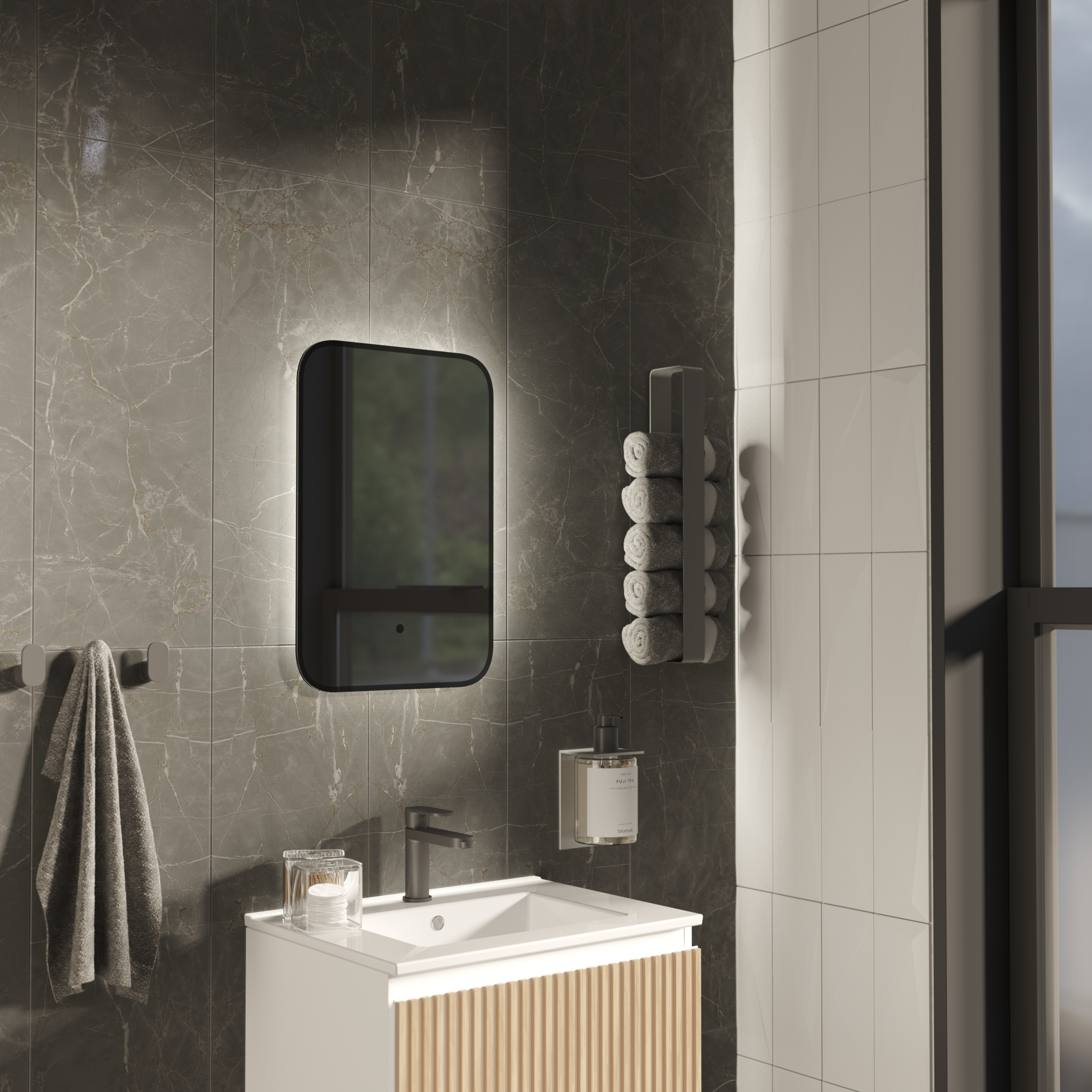 Купить Зеркало Shape Soft (400х600х30) прямоугольник черный К01 LED датчик