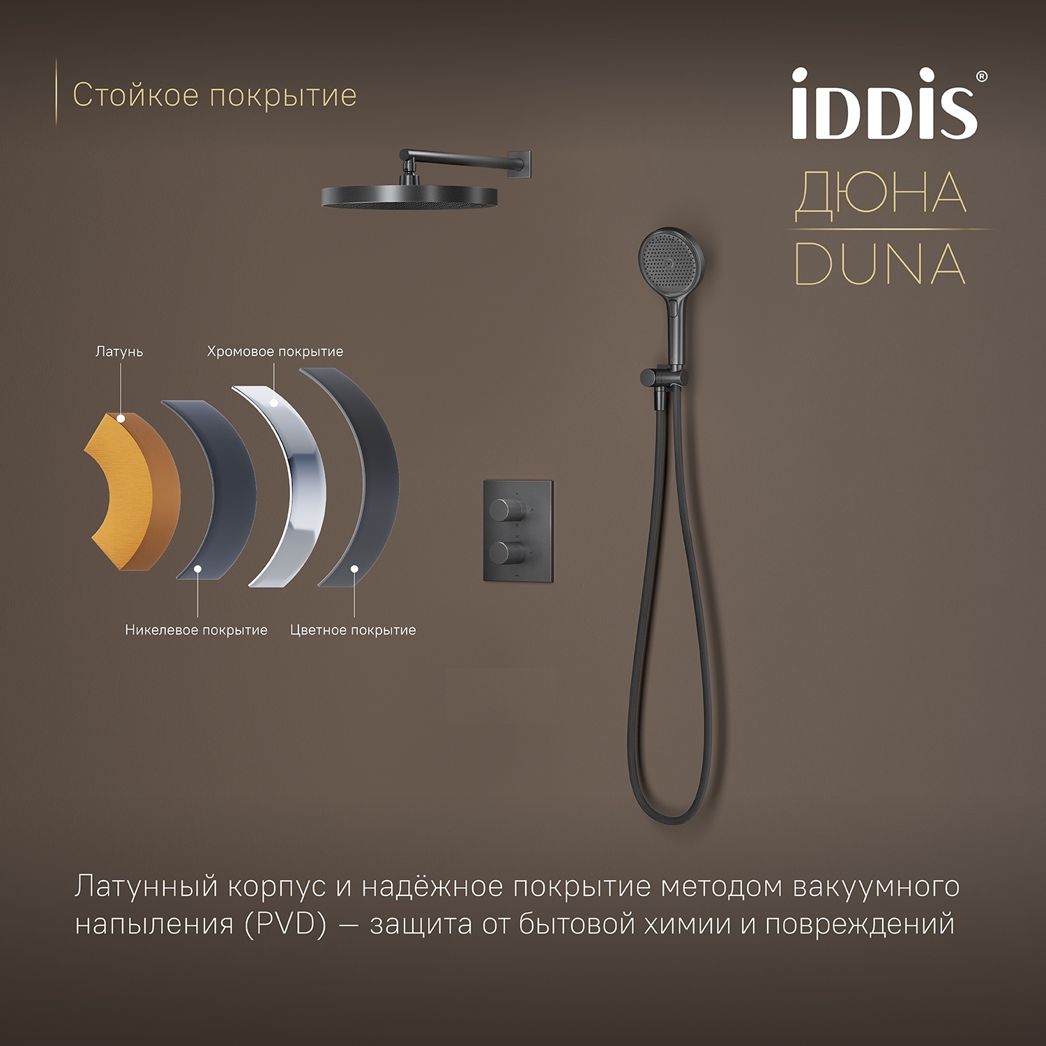 Купить Комплект встраиваемый IDDIS Duna смеситель, верхний душ, лейка термостат графит матовый DUNGM0Ti67